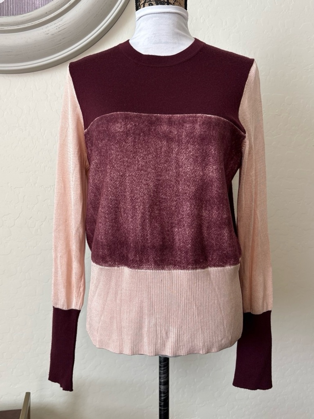 Rag&bone women’s 100% wool Colorblock Crewneck Sweater in Blush & Burgundy. L - Picture 3 of 11